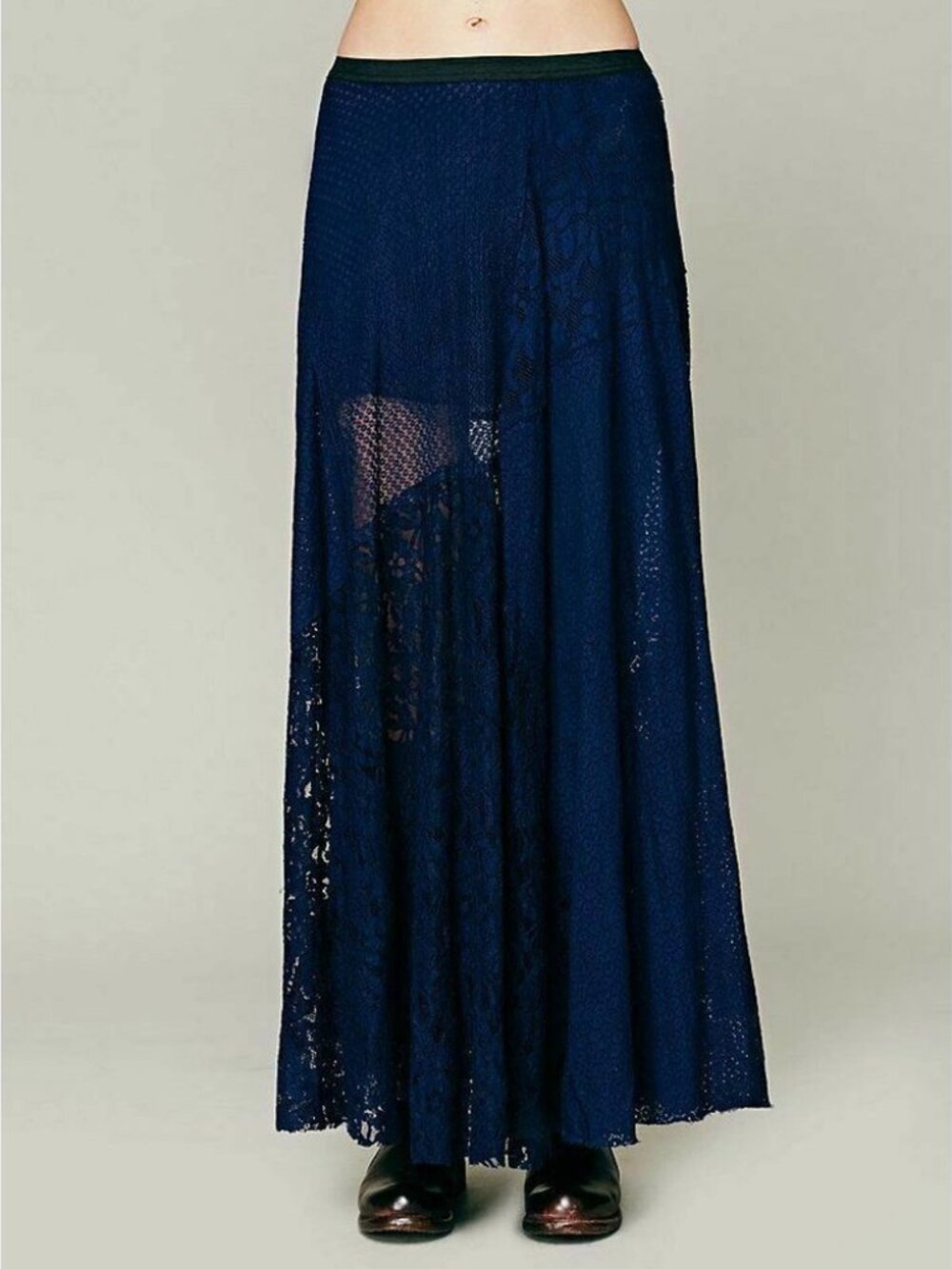 Free People One Navy Blue Patchwork Floral Lace Maxi Skirt
